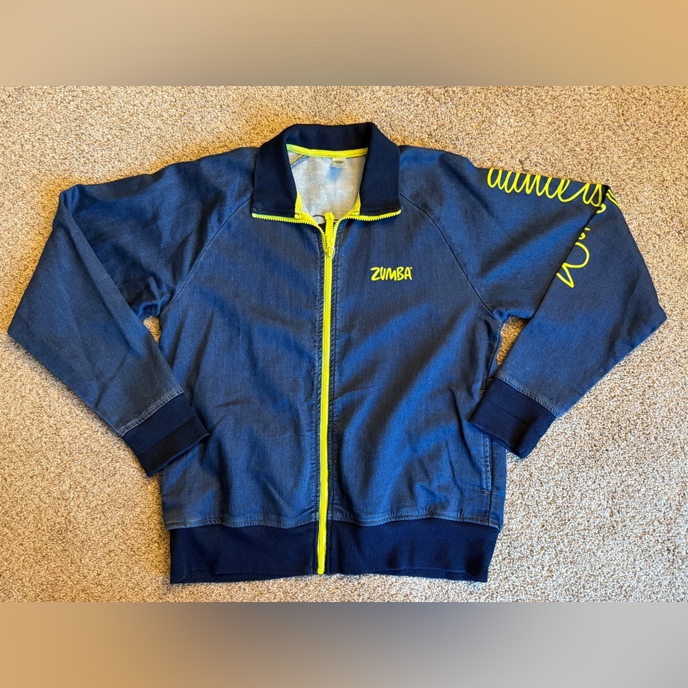 Zumba Fitness Blue and Yellow Jean Jacket with Neon Accents